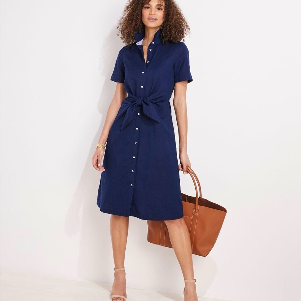 Vineyard Vines Westerly Navy Linen/Cotton Midi Front Shirt Dress